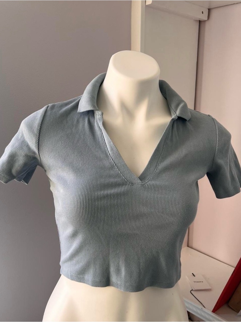 Zara Light Blue Ribbed V-Neck Polo Crop Top